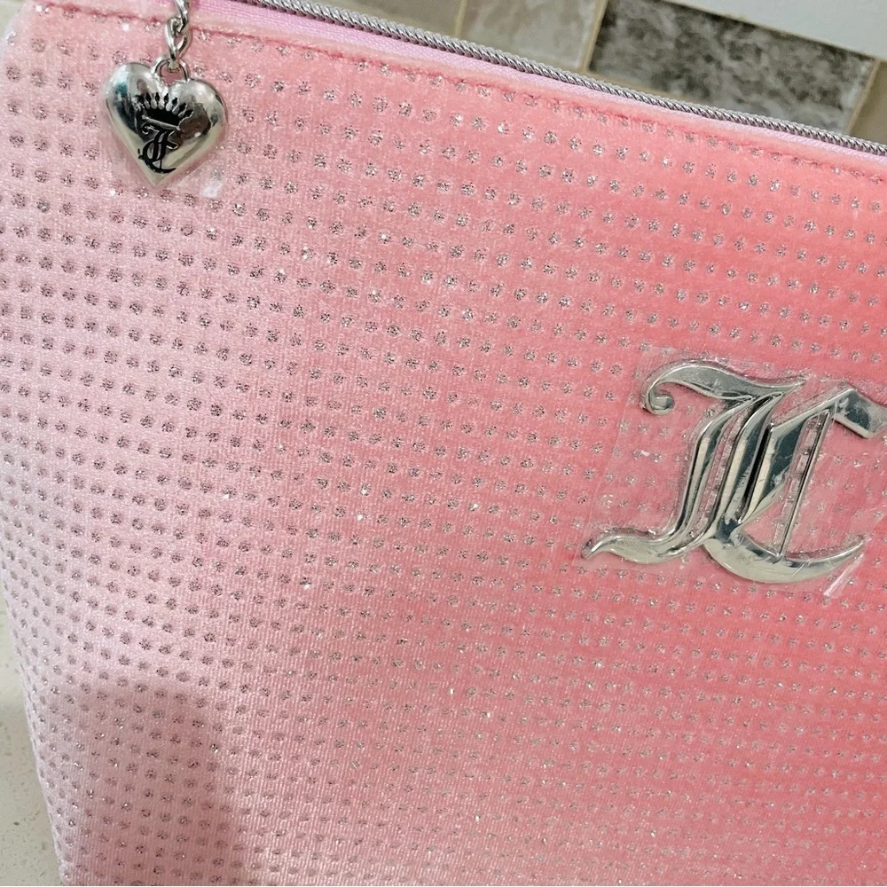 NEW‎ Juicy Couture Pink Velour Glitter Makeup Bag Silver JC Monogram Heart Charm